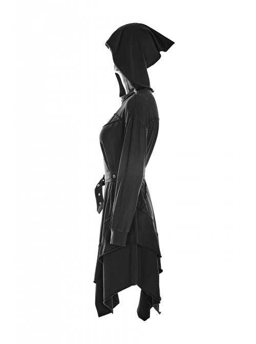 Gothic Female Black Hooded Irregular Hem Dress With Belt