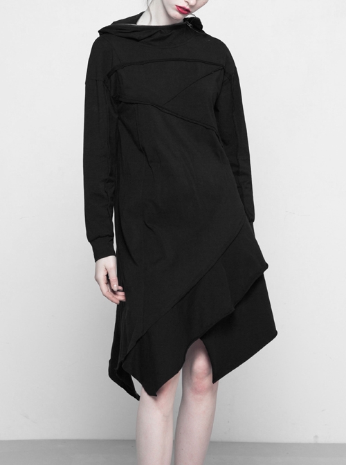 Gothic Female Black Hooded Irregular Hem Dress With Belt