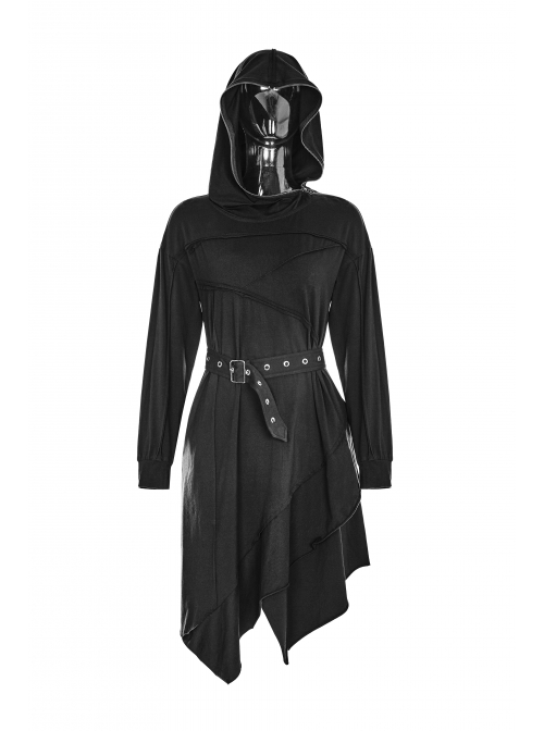 Gothic Female Black Hooded Irregular Hem Dress With Belt