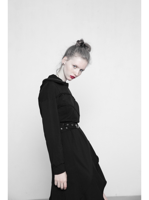 Gothic Female Black Hooded Irregular Hem Dress With Belt