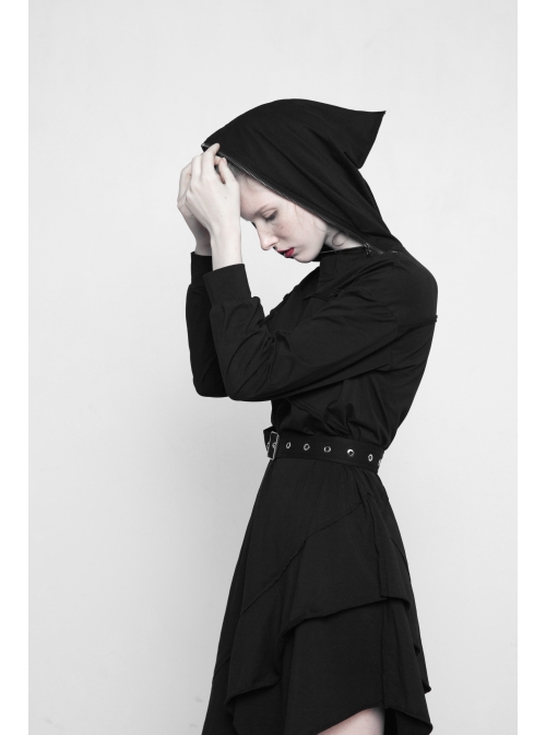 Gothic Female Black Hooded Irregular Hem Dress With Belt
