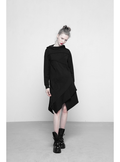 Gothic Female Black Hooded Irregular Hem Dress With Belt