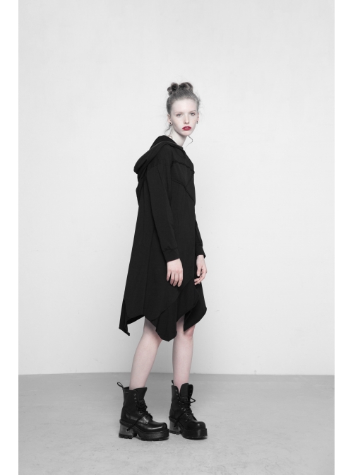 Gothic Female Black Hooded Irregular Hem Dress With Belt