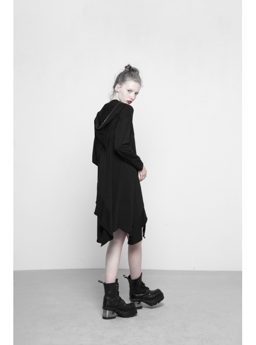 Gothic Female Black Hooded Irregular Hem Dress With Belt