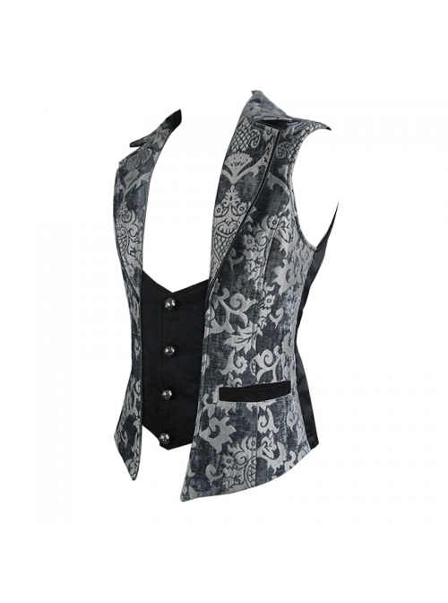 Golden Hand Sew Buttons Back Loop Fake Two Pieces Gray Gothic Jacquard Waistcoat