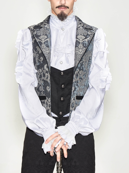 Golden Hand Sew Buttons Back Loop Fake Two Pieces Gray Gothic Jacquard Waistcoat