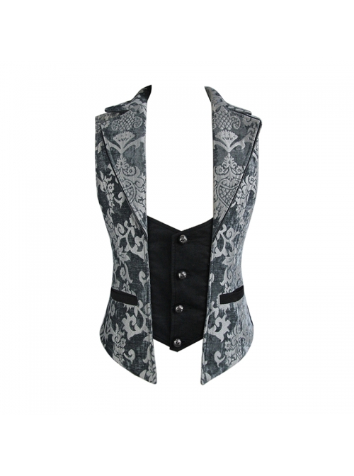 Golden Hand Sew Buttons Back Loop Fake Two Pieces Gray Gothic Jacquard Waistcoat