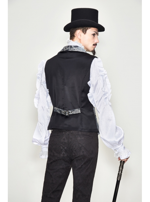Golden Hand Sew Buttons Back Loop Fake Two Pieces Gray Gothic Jacquard Waistcoat