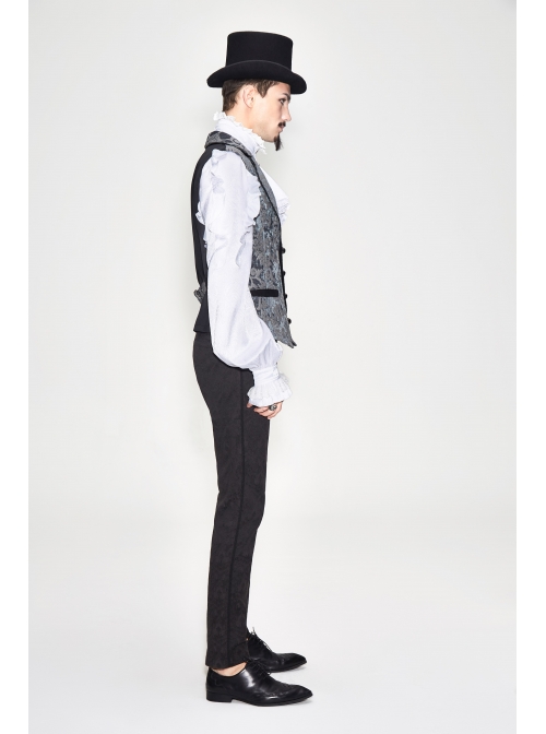 Golden Hand Sew Buttons Back Loop Fake Two Pieces Gray Gothic Jacquard Waistcoat