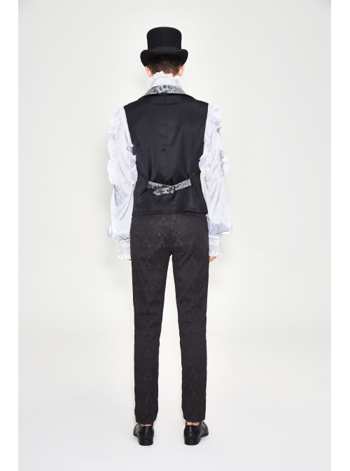 Golden Hand Sew Buttons Back Loop Fake Two Pieces Gray Gothic Jacquard Waistcoat
