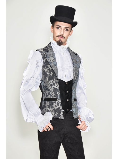Golden Hand Sew Buttons Back Loop Fake Two Pieces Gray Gothic Jacquard Waistcoat