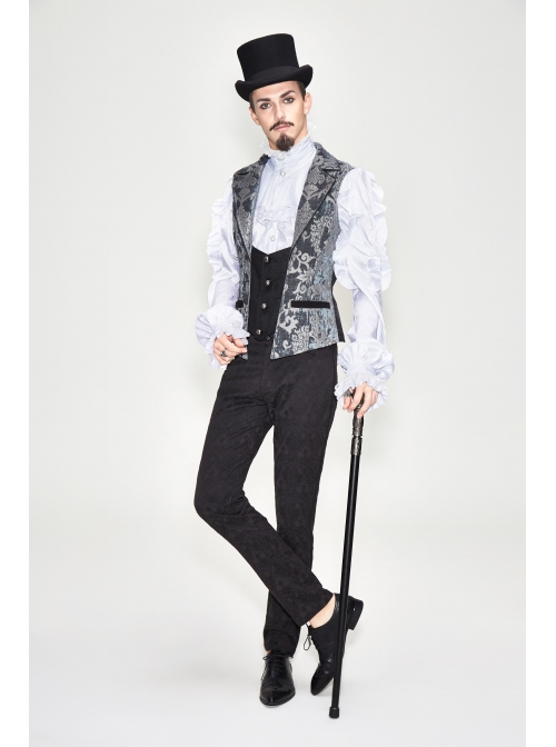 Golden Hand Sew Buttons Back Loop Fake Two Pieces Gray Gothic Jacquard Waistcoat