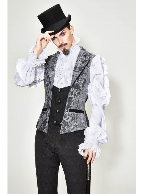 Golden Hand Sew Buttons Back Loop Fake Two Pieces Gray Gothic Jacquard Waistcoat