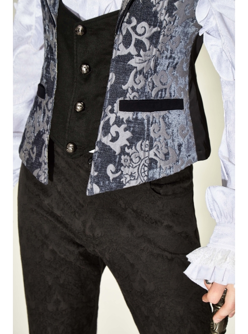 Golden Hand Sew Buttons Back Loop Fake Two Pieces Gray Gothic Jacquard Waistcoat