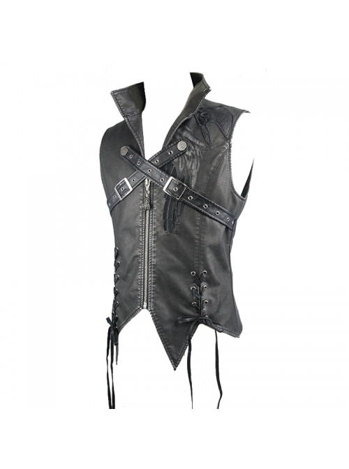 Black And Silver Axe-Shaped Loops Feather Leather Embroidered Lace-Up Punk Waistcoat