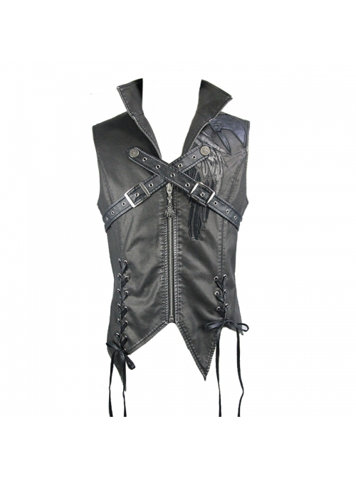 Black And Silver Axe-Shaped Loops Feather Leather Embroidered Lace-Up Punk Waistcoat