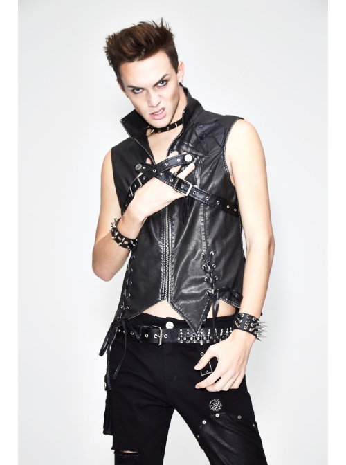 Black And Silver Axe-Shaped Loops Feather Leather Embroidered Lace-Up Punk Waistcoat