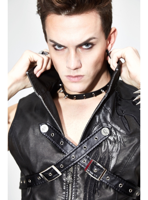 Black And Silver Axe-Shaped Loops Feather Leather Embroidered Lace-Up Punk Waistcoat