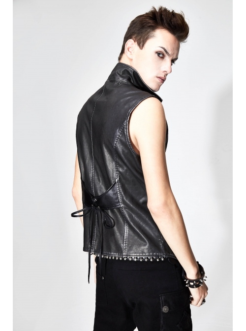 Black And Silver Axe-Shaped Loops Feather Leather Embroidered Lace-Up Punk Waistcoat