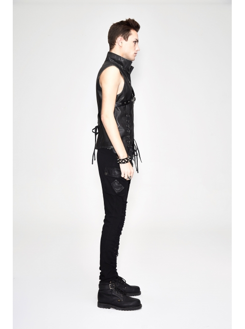 Black And Silver Axe-Shaped Loops Feather Leather Embroidered Lace-Up Punk Waistcoat