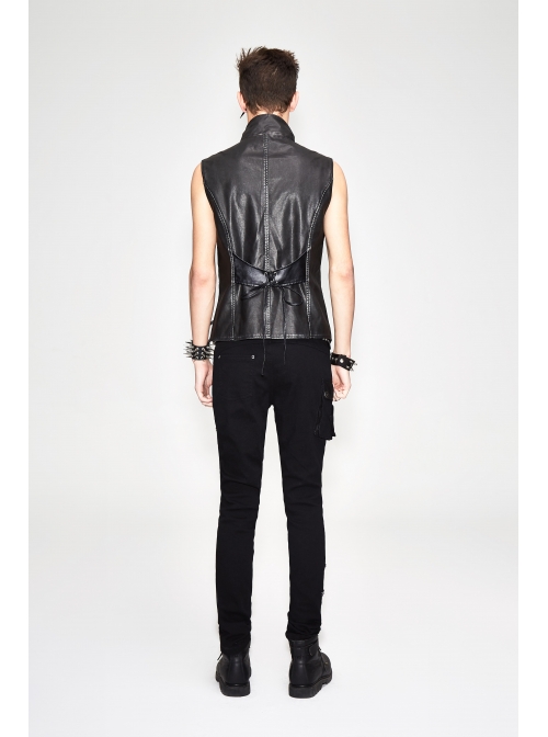Black And Silver Axe-Shaped Loops Feather Leather Embroidered Lace-Up Punk Waistcoat