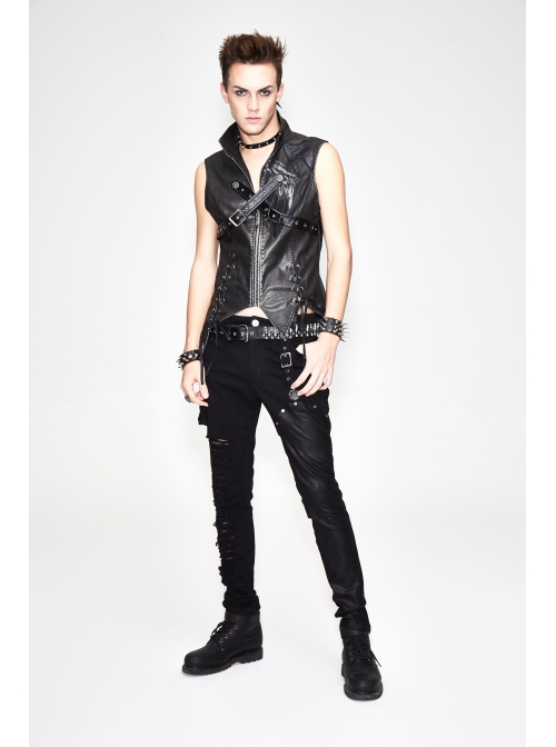 Black And Silver Axe-Shaped Loops Feather Leather Embroidered Lace-Up Punk Waistcoat