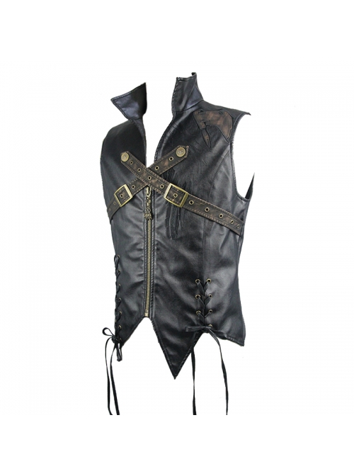 Black And Bronze Axe-Shaped Loops Feather Leather Embroidered Lace-Up Punk Waistcoat