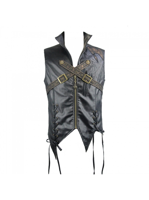 Black And Bronze Axe-Shaped Loops Feather Leather Embroidered Lace-Up Punk Waistcoat