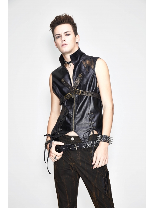 Black And Bronze Axe-Shaped Loops Feather Leather Embroidered Lace-Up Punk Waistcoat