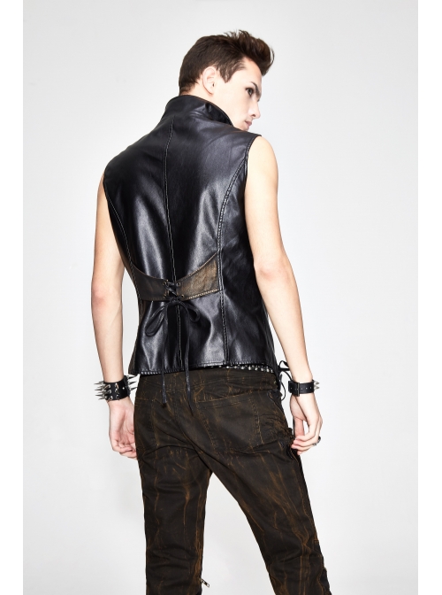 Black And Bronze Axe-Shaped Loops Feather Leather Embroidered Lace-Up Punk Waistcoat