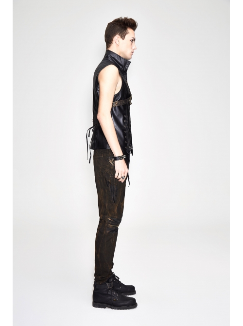 Black And Bronze Axe-Shaped Loops Feather Leather Embroidered Lace-Up Punk Waistcoat