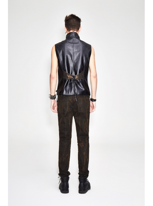 Black And Bronze Axe-Shaped Loops Feather Leather Embroidered Lace-Up Punk Waistcoat