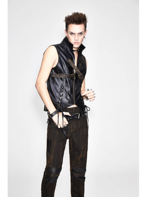 Black And Bronze Axe-Shaped Loops Feather Leather Embroidered Lace-Up Punk Waistcoat