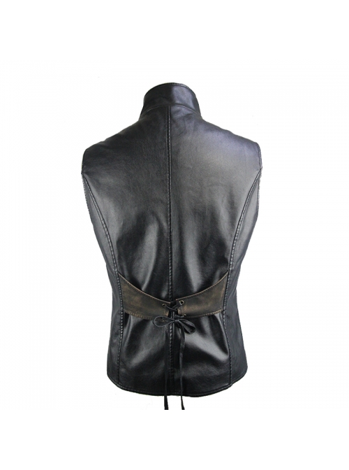 Black And Bronze Axe-Shaped Loops Feather Leather Embroidered Lace-Up Punk Waistcoat