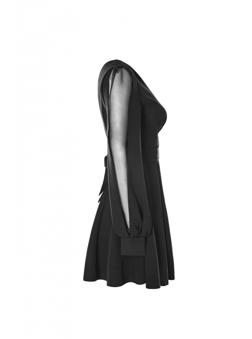 Gothic Female Black V Neck High Waist Lace Dress