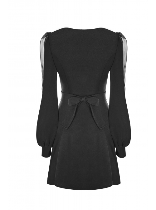 Gothic Female Black V Neck High Waist Lace Dress