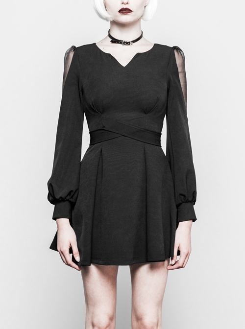Gothic Female Black V Neck High Waist Lace Dress