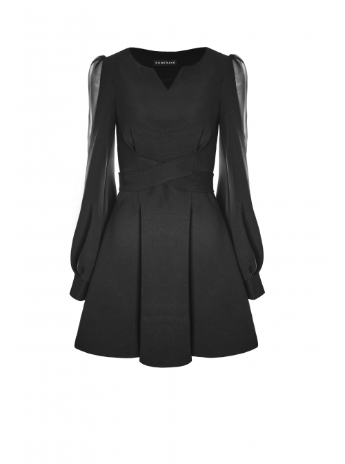 Gothic Female Black V Neck High Waist Lace Dress