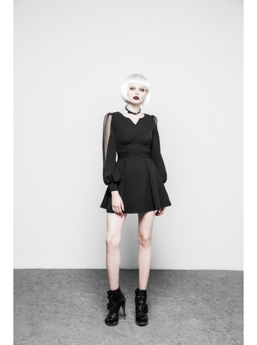 Gothic Female Black V Neck High Waist Lace Dress