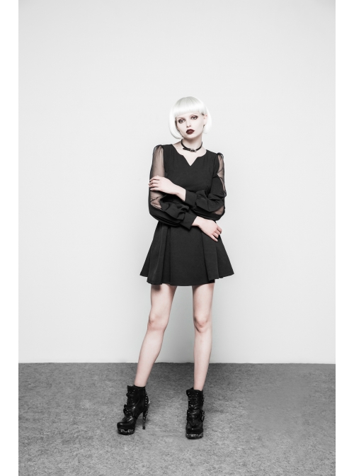Gothic Female Black V Neck High Waist Lace Dress