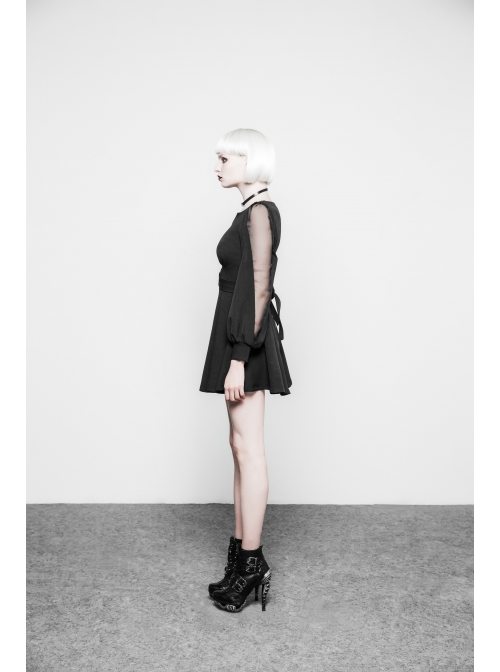 Gothic Female Black V Neck High Waist Lace Dress