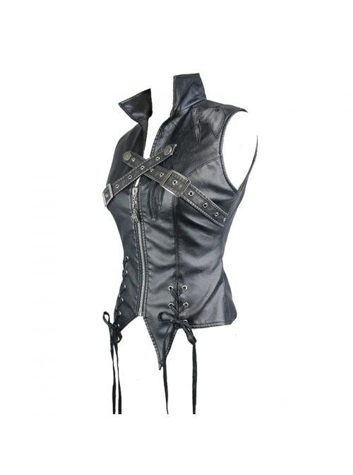 Black And Silver Axe-Shaped Loop Leather Embroidered Lace-Up Asymmetrical Hem Punk Waistcoat