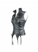 Black And Silver Axe-Shaped Loop Leather Embroidered Lace-Up Asymmetrical Hem Punk Waistcoat