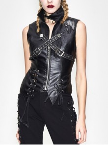 Black And Silver Axe-Shaped Loop Leather Embroidered Lace-Up Asymmetrical Hem Punk Waistcoat