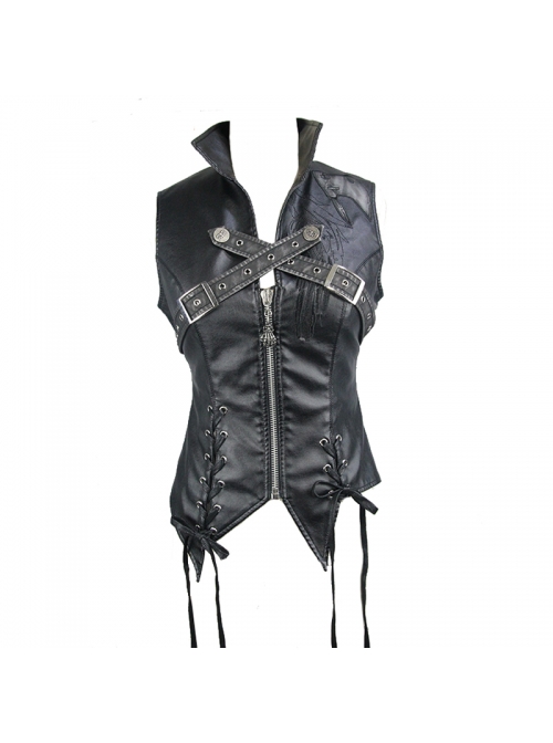 Black And Silver Axe-Shaped Loop Leather Embroidered Lace-Up Asymmetrical Hem Punk Waistcoat