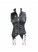 Black And Silver Axe-Shaped Loop Leather Embroidered Lace-Up Asymmetrical Hem Punk Waistcoat