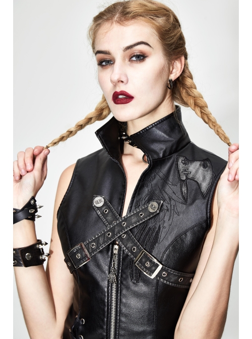 Black And Silver Axe-Shaped Loop Leather Embroidered Lace-Up Asymmetrical Hem Punk Waistcoat