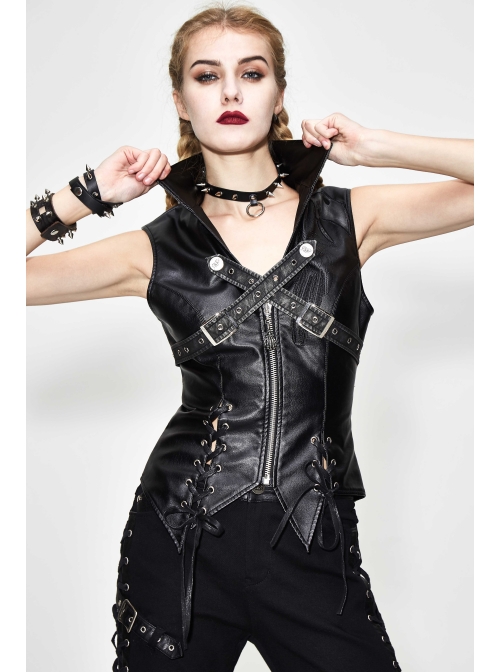 Black And Silver Axe-Shaped Loop Leather Embroidered Lace-Up Asymmetrical Hem Punk Waistcoat