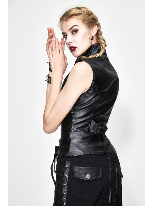 Black And Silver Axe-Shaped Loop Leather Embroidered Lace-Up Asymmetrical Hem Punk Waistcoat