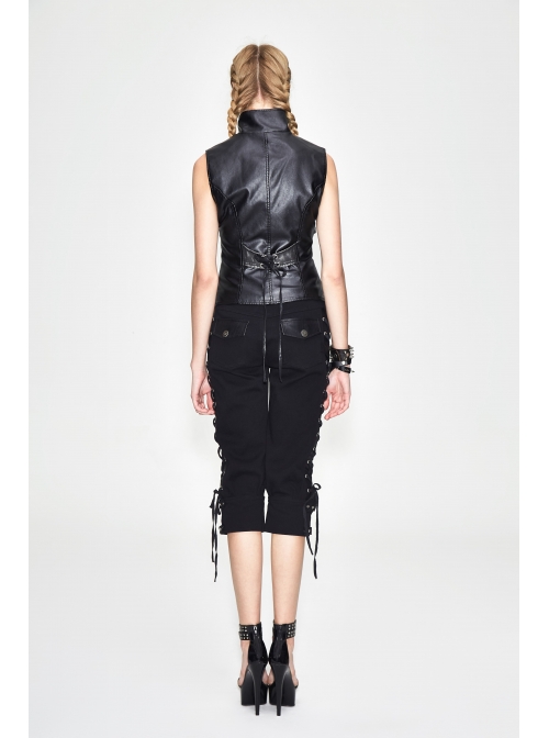 Black And Silver Axe-Shaped Loop Leather Embroidered Lace-Up Asymmetrical Hem Punk Waistcoat